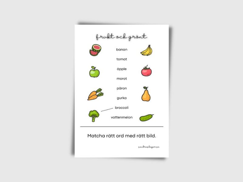 matcha rätt ord med rätt bild frukt och grönt