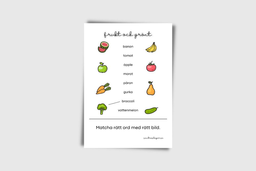 matcha rätt ord med rätt bild frukt och grönt