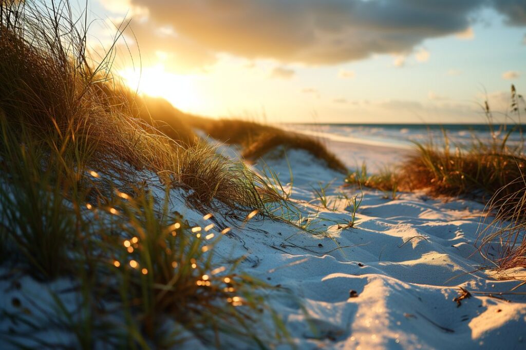 gyllene timmen foto på sanddynor på vit sandstrand med gräs