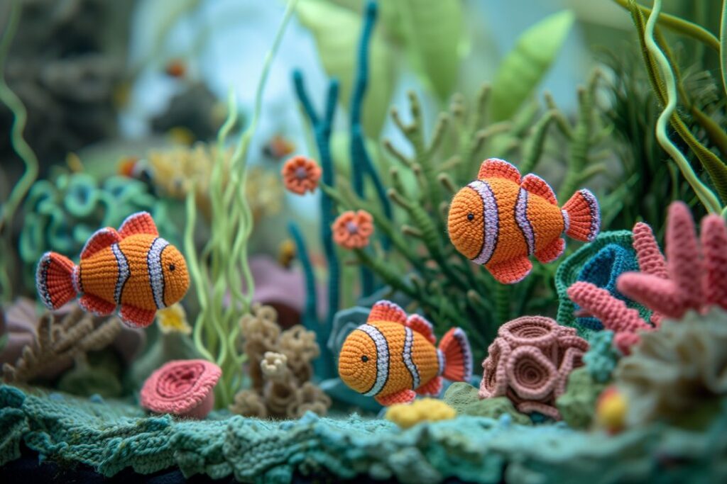 virka akvarium med fiskar rev och sjögräs
